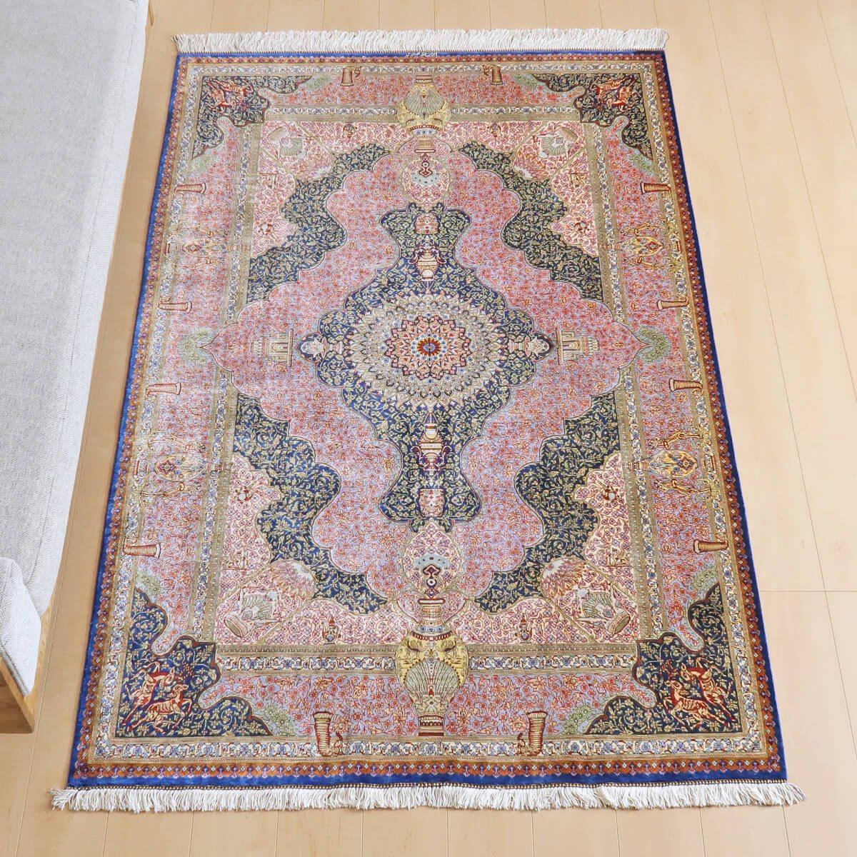 高級ペルシャ絨毯クム、シルク100% ジャムシーディ 200×131cm(FL-22180)