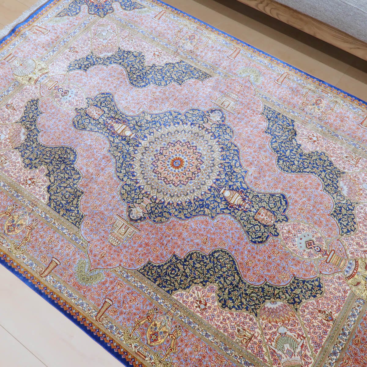 高級ペルシャ絨毯クム、シルク100% ジャムシーディ 200×131cm(FL-22180)