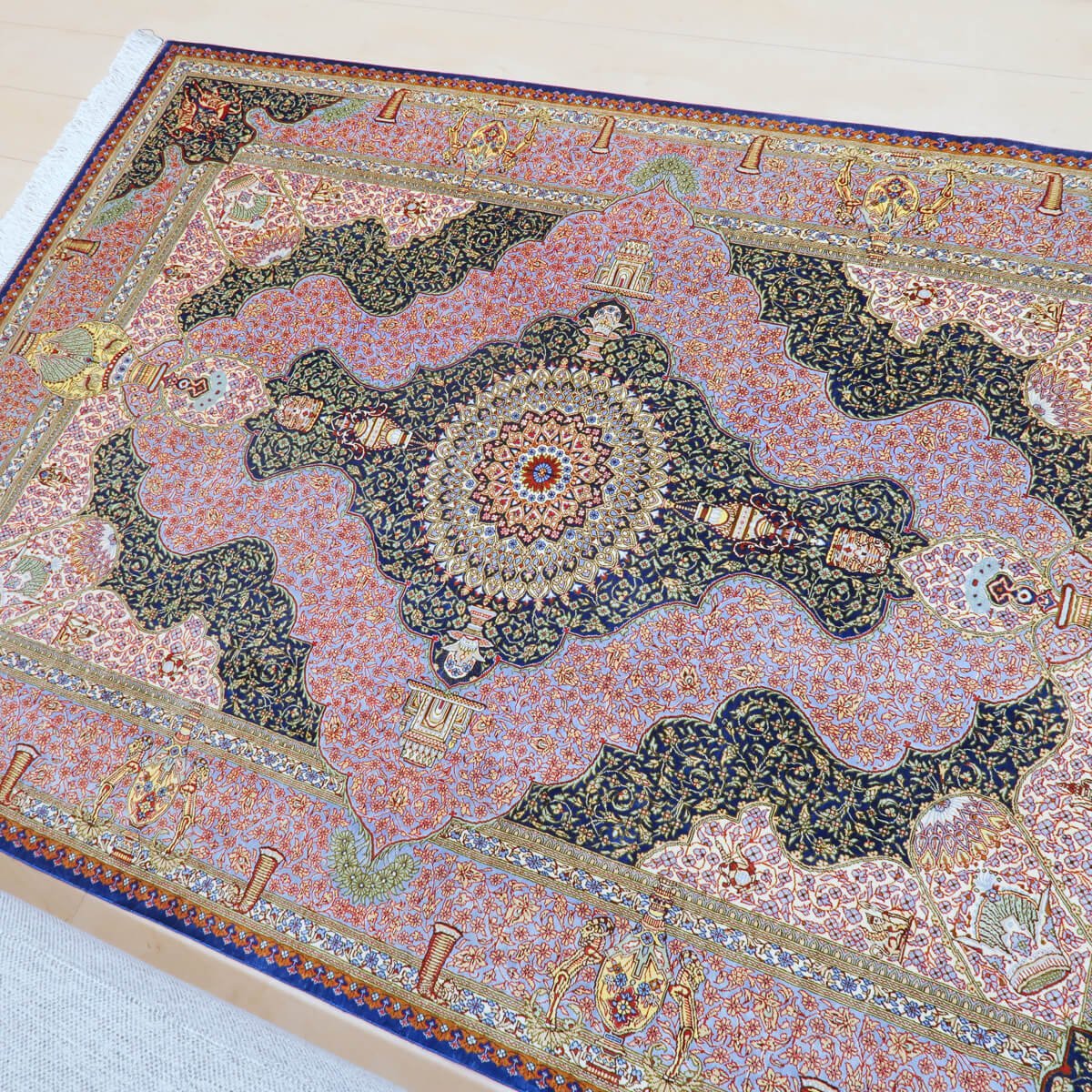 高級ペルシャ絨毯クム、シルク100% ジャムシーディ 200×131cm(FL-22180)