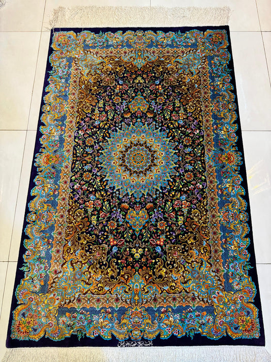 高級ペルシャ絨毯クム産シルク100% メフルバフ工房 154×98cm(FN-10002)