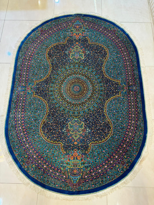 高級ペルシャ絨毯クム産シルク100%  ジャムシディ工房  200×140cm(FN-10020)
