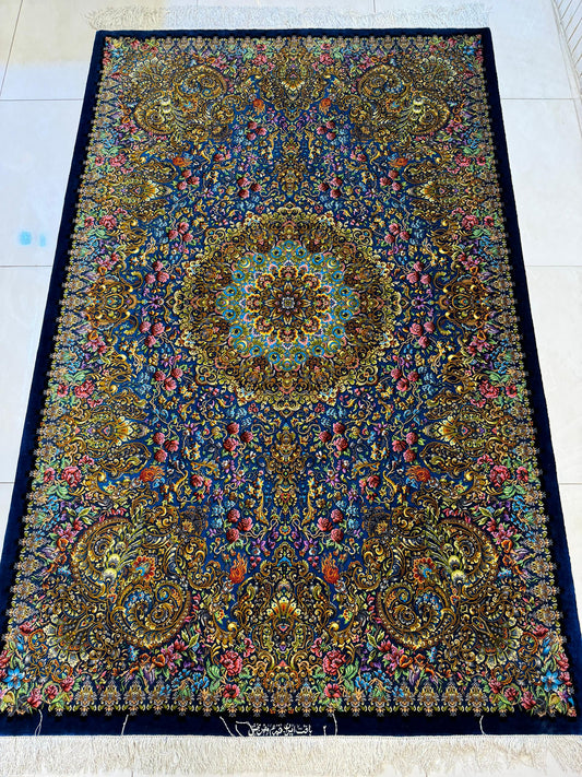 高級ペルシャ絨毯クム産シルク100%  メフルバフ工房  203×131cm(FN-10025)