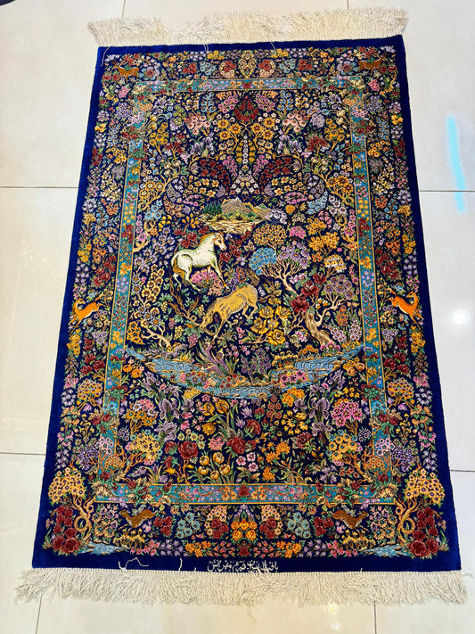 高級ペルシャ絨毯クム産シルク100% メフルバフ工房 120×78cm(FN-10040)
