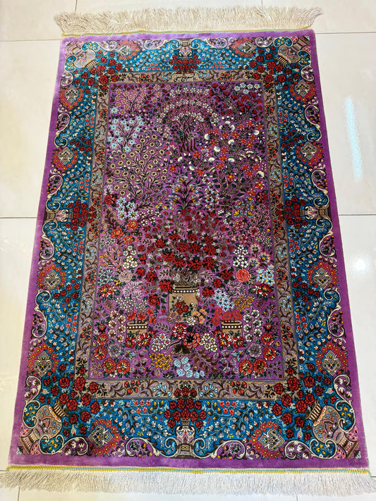 高級ペルシャ絨毯クム産シルク100% ハジ・ホセイニ 120×80cm(FN-10046)