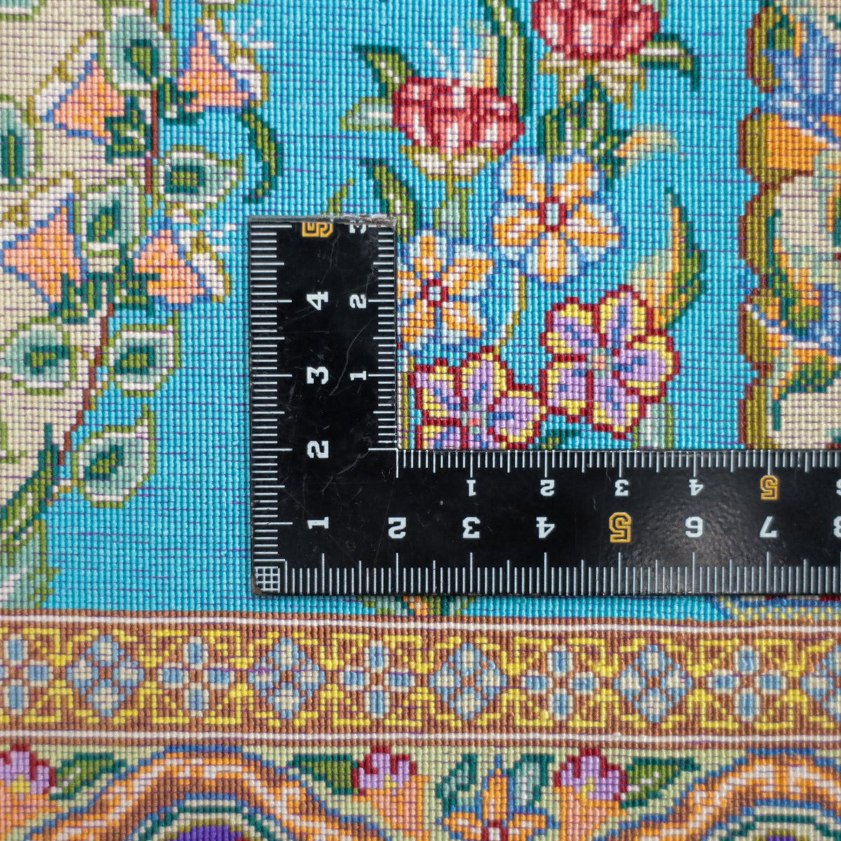高級ペルシャ絨毯 クム産 シルク100% TAKHTE JAMSHID工房|花瓶柄(ゴルダニ) ターコイズ×パープル|89×59cm(FS-13366)