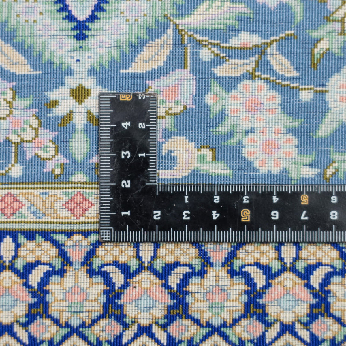 高級ペルシャ絨毯 クム産 シルク100% KHAKI工房|トランジ柄 ブルーグリーン×ゴールド|81×58cm(FS-13373)