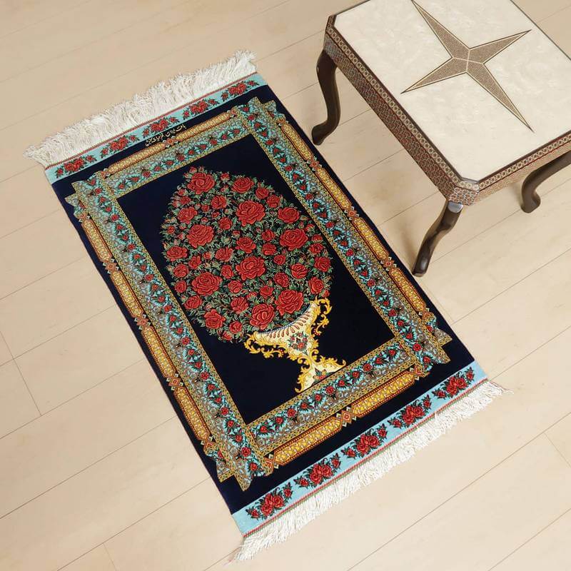 高級ペルシャ絨毯クム、シルク100% 102×65cm(FS-2112)