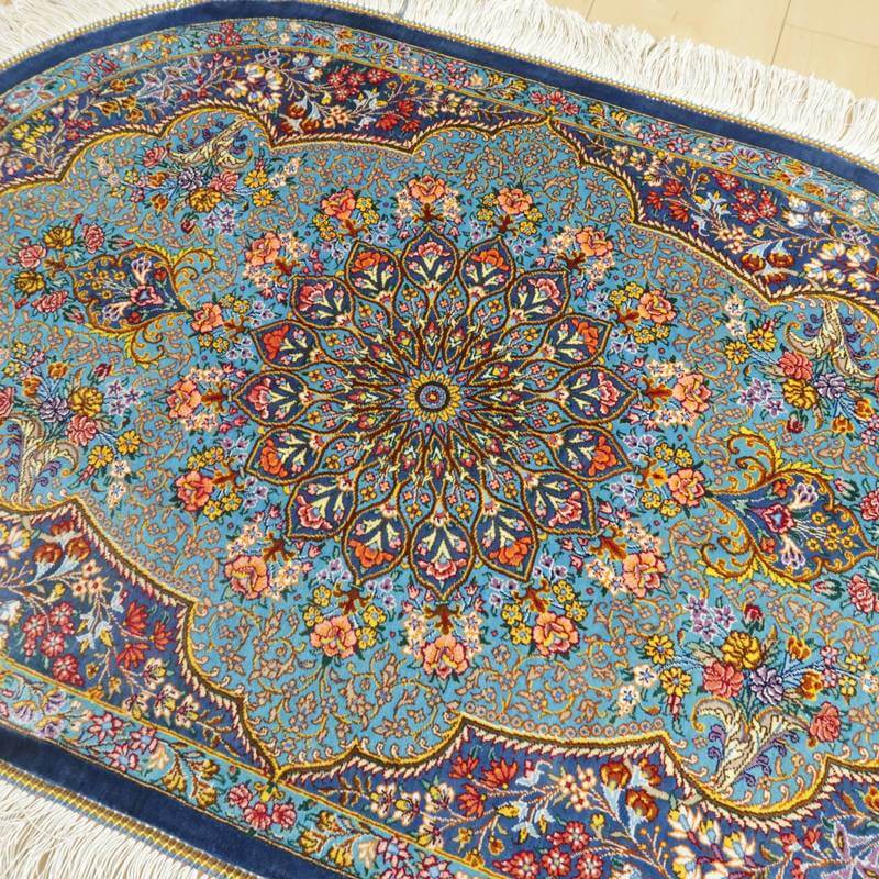 高級ペルシャ絨毯クム、シルク100% 89×61cm(FS-2114)