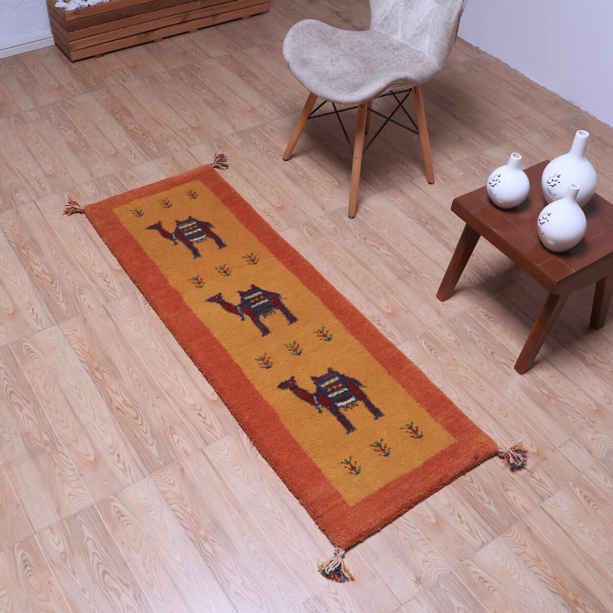 ギャッベ(ギャベ)カシュクリ黄色と茶色が美しい手織りラグ 144×49cm(HR-70248)