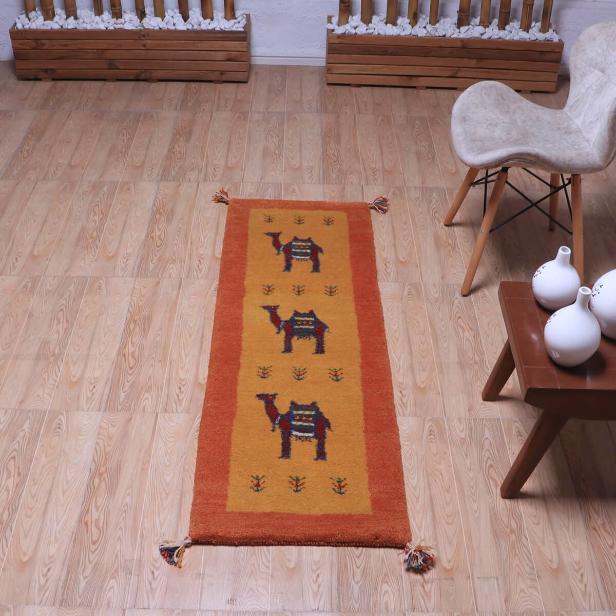 ギャッベ(ギャベ)カシュクリ黄色と茶色が美しい手織りラグ 144×49cm(HR-70248)