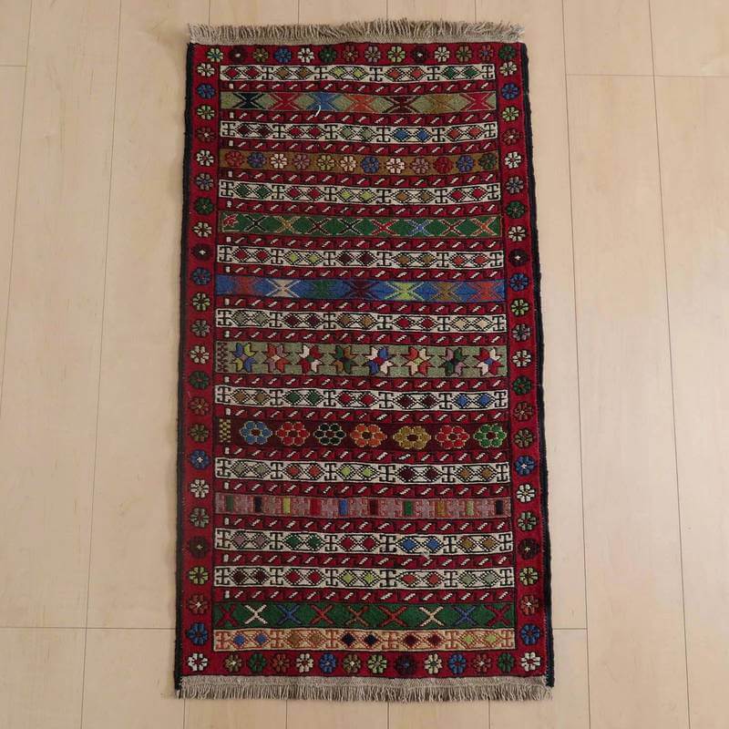 Colorful Azerbaijani kilim rug with intricate Smack weaving design, 105x51cm, wool material