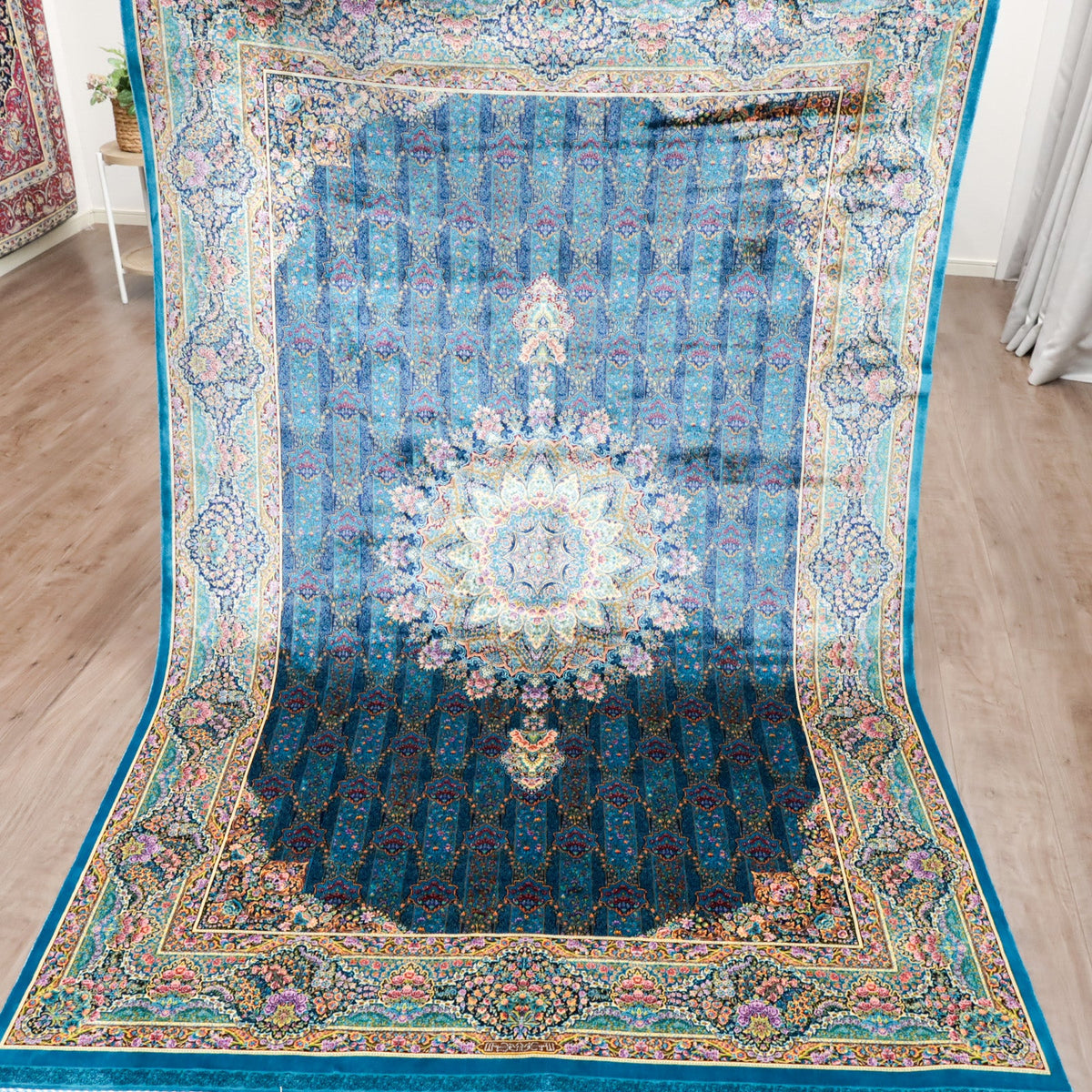 LUMINA モダールアートコレクション|アーチ・花メダリオン柄 ターコイズ×ピンク|230×150cm(S-13317)