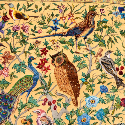 最高級ペルシャ絨毯クム、シルク100％ 楽園の鳥と動物　162×107cm（FL-13283）
