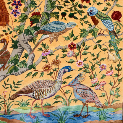 最高級ペルシャ絨毯クム、シルク100％ 楽園の鳥と動物　162×107cm（FL-13283）