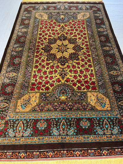 高級ペルシャ絨毯クム産シルク100％  ラジャビアン工房　164×100cm（FN-10011）