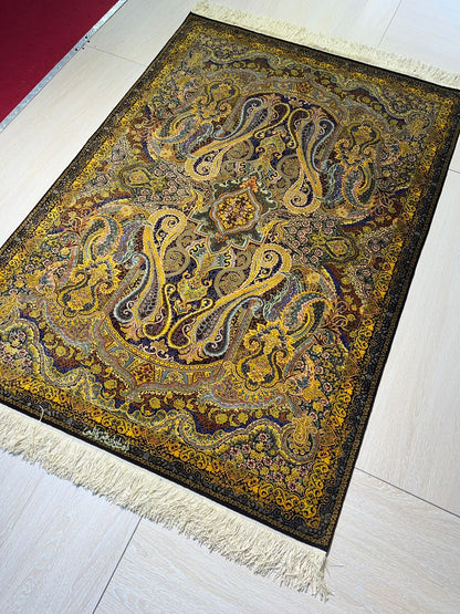 高級ペルシャ絨毯クム産シルク100％  カズミ工房　158×110cm（FN-10015）