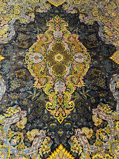 高級ペルシャ絨毯クム産シルク100％  カズミ工房　152×107cm（FN-10018）