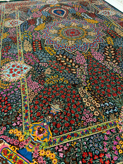 高級ペルシャ絨毯クム産シルク100％  ハジ・ホセイニ　 198×133cm（FN-10024）