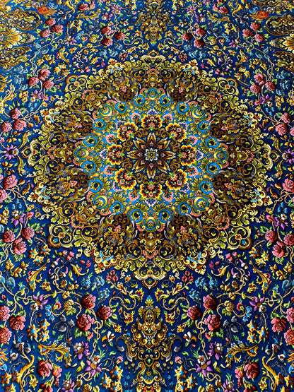 高級ペルシャ絨毯クム産シルク100％  メフルバフ工房　 203×131cm（FN-10025）