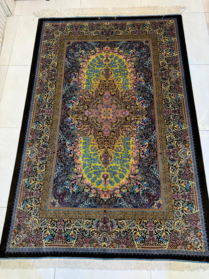高級ペルシャ絨毯クム産シルク100％  ノウリ工房　 205×138cm（FN-10026）