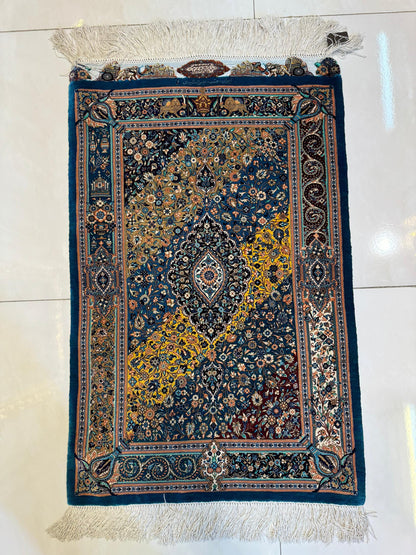 高級ペルシャ絨毯クム産シルク100％  アッバス・ジャムシディ 88×59cm（FN-10028）