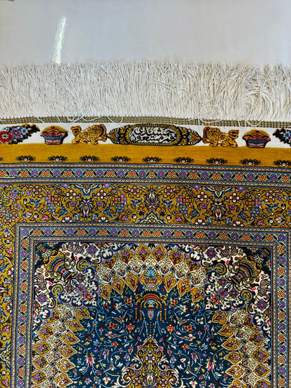 高級ペルシャ絨毯クム産シルク100％  ジャムシディ工房 90×61cm（FN-10030）