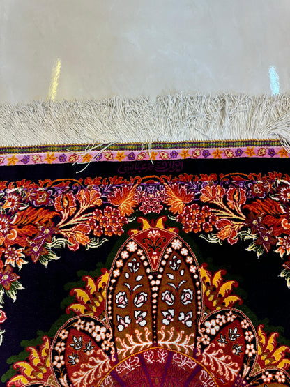 高級ペルシャ絨毯クム産シルク100％  アッバシ工房 91×61cm（FN-10035）