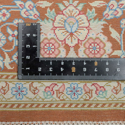 高級ペルシャ絨毯 クム産 シルク100％ AEIDI工房｜トランジ・花唐草柄 アイボリー×ブルーグレー｜125×78cm（FS-13298）
