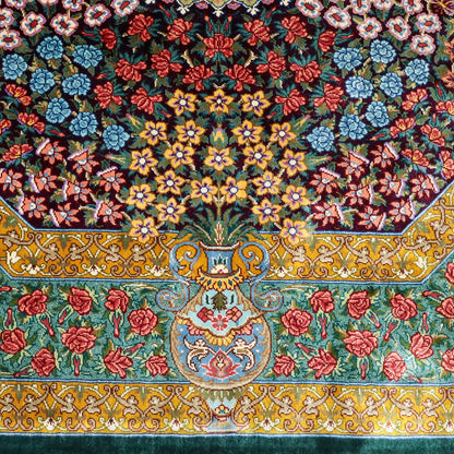 高級ペルシャ絨毯 クム産 シルク100％ TAKHTE JAMSHID工房｜八角形枠・花メダリオン柄 グリーン×マルチカラー｜105×99cm（FS-13299）