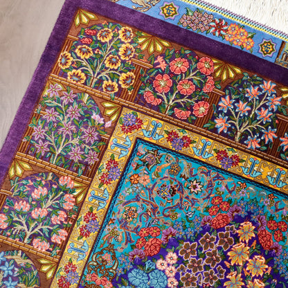 高級ペルシャ絨毯 クム産 シルク100％ TAKHTE JAMSHID工房｜生命の木・花園柄 パープル×マルチカラー｜119×79cm（FS-13303）