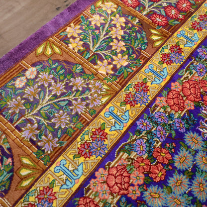高級ペルシャ絨毯 クム産 シルク100％ TAKHTE JAMSHID工房｜生命の木・花園柄 パープル×マルチカラー｜119×79cm（FS-13303）