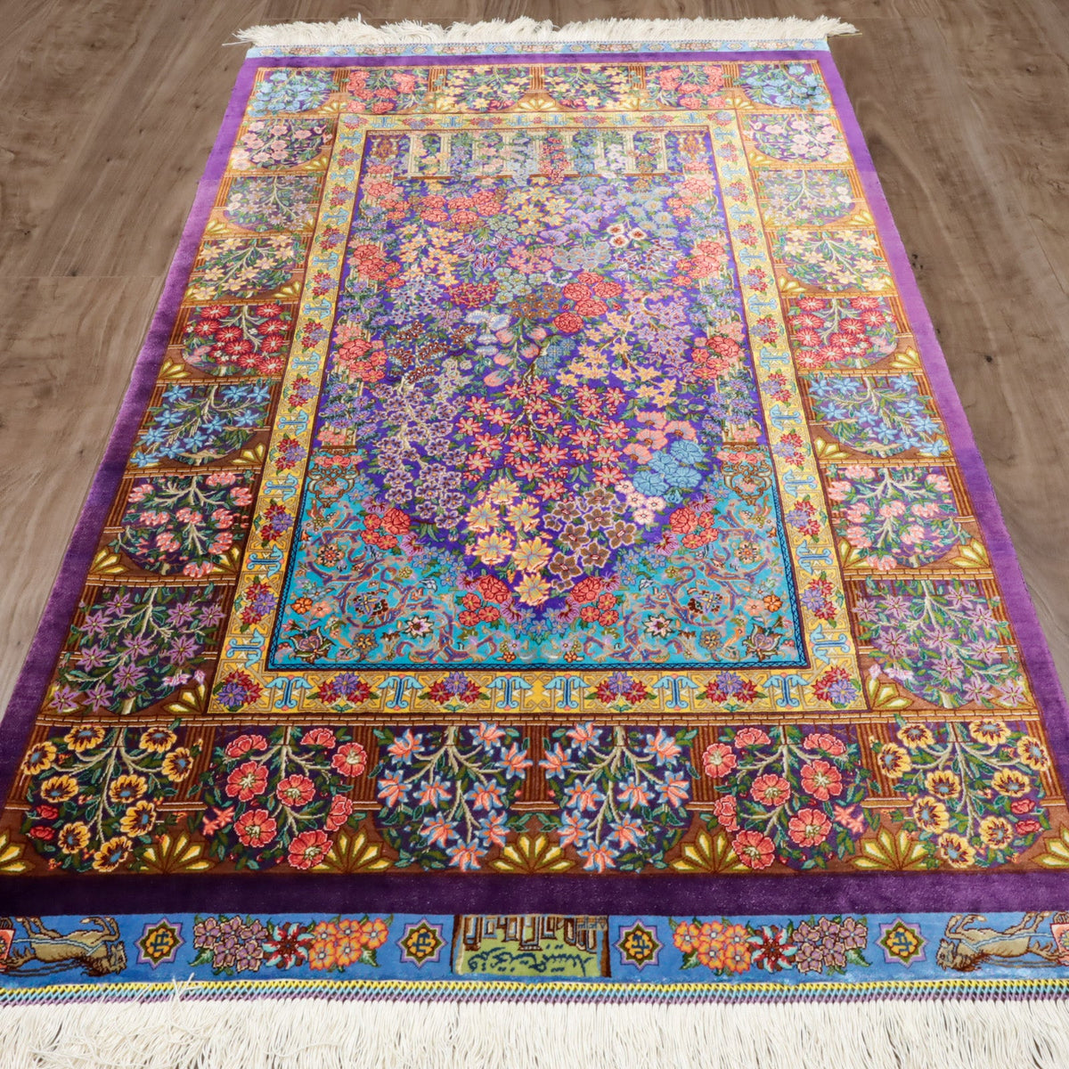 高級ペルシャ絨毯 クム産 シルク100％ TAKHTE JAMSHID工房｜生命の木・花園柄 パープル×マルチカラー｜119×79cm（FS-13303）
