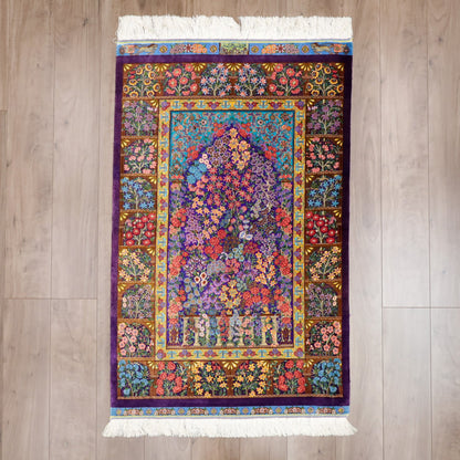 高級ペルシャ絨毯 クム産 シルク100％ TAKHTE JAMSHID工房｜生命の木・花園柄 パープル×マルチカラー｜119×79cm（FS-13303）