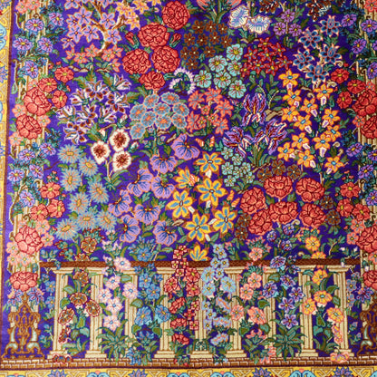 高級ペルシャ絨毯 クム産 シルク100％ TAKHTE JAMSHID工房｜生命の木・花園柄 パープル×マルチカラー｜119×79cm（FS-13303）