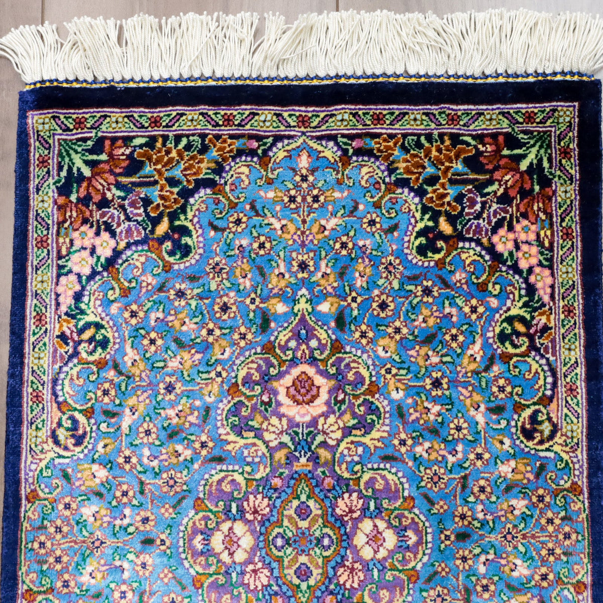 高級ペルシャ絨毯 クム産 シルク100％｜メダリオン柄（花唐草） ターコイズ×パープル｜45×29cm（FS-13336）