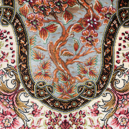 高級ペルシャ絨毯 クム産 シルク100％ MOHAMMADI工房｜生命の樹・花鳥柄 アイボリー×ピンク｜94×60cm（FS-13364）