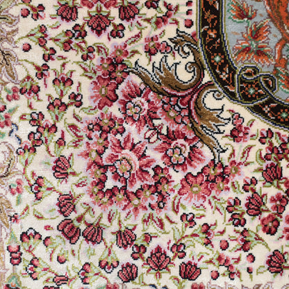 高級ペルシャ絨毯 クム産 シルク100％ MOHAMMADI工房｜生命の樹・花鳥柄 アイボリー×ピンク｜94×60cm（FS-13364）