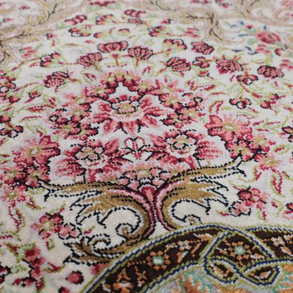 高級ペルシャ絨毯 クム産 シルク100％ MOHAMMADI工房｜生命の樹・花鳥柄 アイボリー×ピンク｜94×60cm（FS-13364）