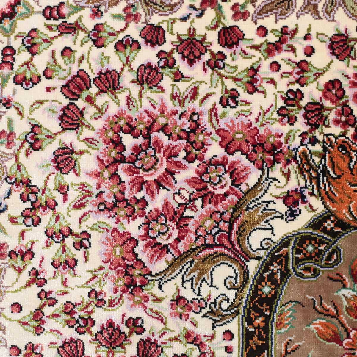 高級ペルシャ絨毯 クム産 シルク100％ MOHAMMADI工房｜生命の樹・花鳥柄 アイボリー×ピンク｜94×60cm（FS-13364）