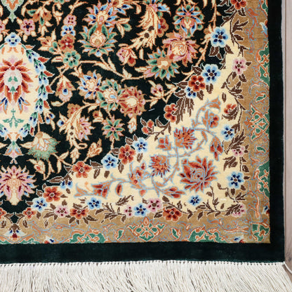 高級ペルシャ絨毯 クム産 シルク100％ JAN GHORBAN工房｜トランジ柄 ブラック×アイボリー｜88×61cm（FS-13365）