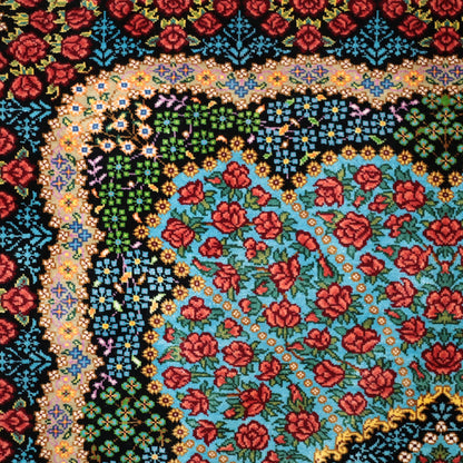 高級ペルシャ絨毯 クム産 シルク100％ KHAKI工房｜薔薇柄 ターコイズ×レッド｜80×60cm（FS-13367）