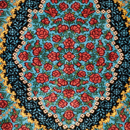 高級ペルシャ絨毯 クム産 シルク100％ KHAKI工房｜薔薇柄 ターコイズ×レッド｜80×60cm（FS-13367）