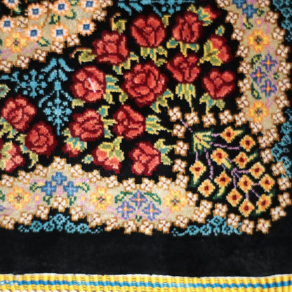高級ペルシャ絨毯 クム産 シルク100％ KHAKI工房｜薔薇柄 ターコイズ×レッド｜80×60cm（FS-13367）