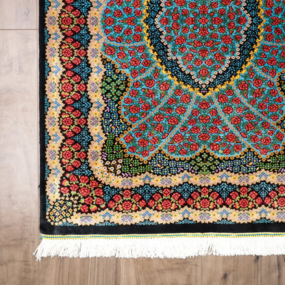 高級ペルシャ絨毯 クム産 シルク100％ KHAKI工房｜薔薇柄 ターコイズ×レッド｜80×60cm（FS-13367）