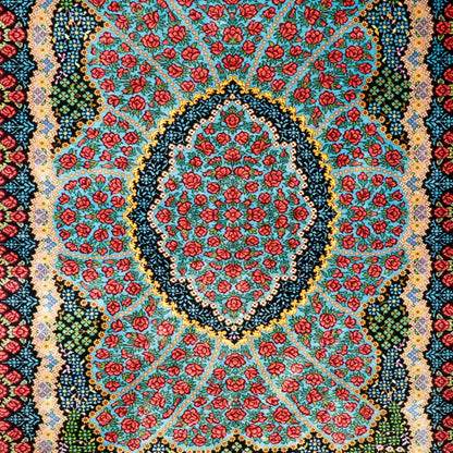 高級ペルシャ絨毯 クム産 シルク100％ KHAKI工房｜薔薇柄 ターコイズ×レッド｜80×60cm（FS-13367）