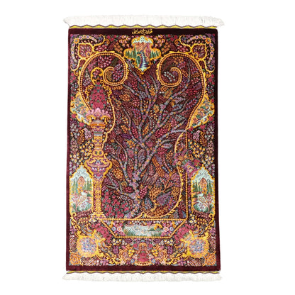 高級ペルシャ絨毯 クム産 シルク100％ ESMAELI工房｜生命の木・風景柄 ワイン×ゴールド｜93×60cm（FS-13369）