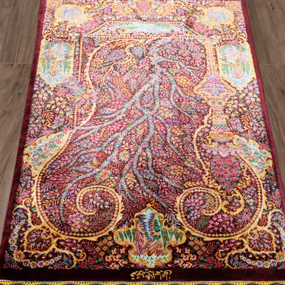 高級ペルシャ絨毯 クム産 シルク100％ ESMAELI工房｜生命の木・風景柄 ワイン×ゴールド｜93×60cm（FS-13369）