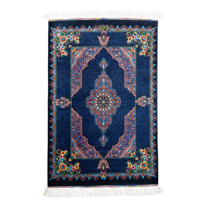 高級ペルシャ絨毯 クム産 シルク100％ SHAHRYAR工房｜花メダリオン柄 ネイビー×マルチカラー｜73×48cm（FS-13374）