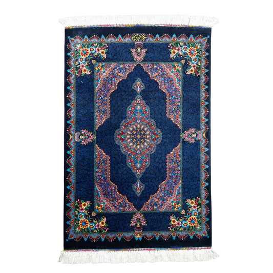 高級ペルシャ絨毯 クム産 シルク100％ SHAHRYAR工房｜花メダリオン柄 ネイビー×マルチカラー｜73×48cm（FS-13374）