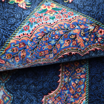 高級ペルシャ絨毯 クム産 シルク100％ SHAHRYAR工房｜花メダリオン柄 ネイビー×マルチカラー｜73×48cm（FS-13374）